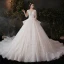 Schöne Champagner Plus Größe Brautkleider / Hochzeitskleider 2020 Ballkleid Durchsichtige V-Ausschnitt 3/4 Ärmel Rückenfreies Applikationen Pailletten Glanz Tülle Kathedrale Schleppe Rüschen