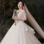 Schöne Champagner Plus Größe Brautkleider / Hochzeitskleider 2020 Ballkleid Durchsichtige V-Ausschnitt 3/4 Ärmel Rückenfreies Applikationen Pailletten Glanz Tülle Kathedrale Schleppe Rüschen