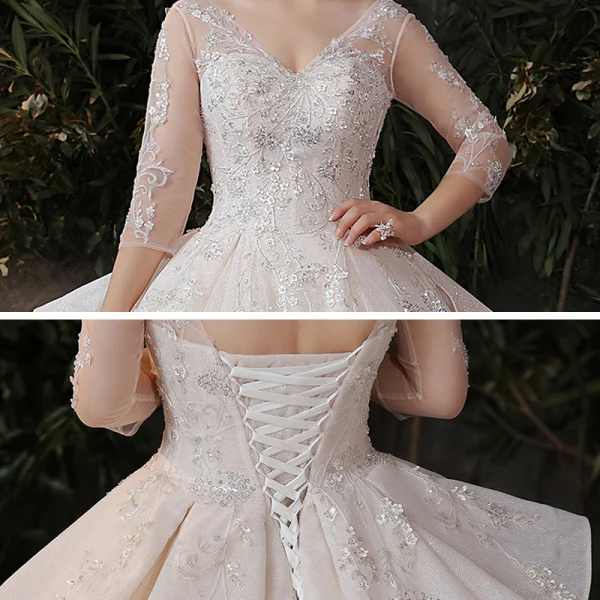 Schöne Champagner Plus Größe Brautkleider / Hochzeitskleider 2020 Ballkleid Durchsichtige V-Ausschnitt 3/4 Ärmel Rückenfreies Applikationen Pailletten Glanz Tülle Kathedrale Schleppe Rüschen