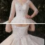 Schöne Champagner Plus Größe Brautkleider / Hochzeitskleider 2020 Ballkleid Durchsichtige V-Ausschnitt 3/4 Ärmel Rückenfreies Applikationen Pailletten Glanz Tülle Kathedrale Schleppe Rüschen