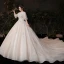 Viktorianischer Stil Champagner Plus Größe Brautkleider / Hochzeitskleider 2020 Ballkleid Durchsichtige Rundhalsausschnitt Geschwollenes 1/2 Ärmel Rückenfreies Applikationen Spitze Perlenstickerei Glanz Tülle Kathedrale Schleppe Rüschen