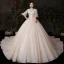 Viktorianischer Stil Champagner Plus Größe Brautkleider / Hochzeitskleider 2020 Ballkleid Durchsichtige Rundhalsausschnitt Geschwollenes 1/2 Ärmel Rückenfreies Applikationen Spitze Perlenstickerei Glanz Tülle Kathedrale Schleppe Rüschen