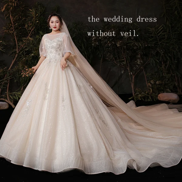 Viktorianischer Stil Champagner Plus Größe Brautkleider / Hochzeitskleider 2020 Ballkleid Durchsichtige Rundhalsausschnitt Geschwollenes 1/2 Ärmel Rückenfreies Applikationen Spitze Perlenstickerei Glanz Tülle Kathedrale Schleppe Rüschen