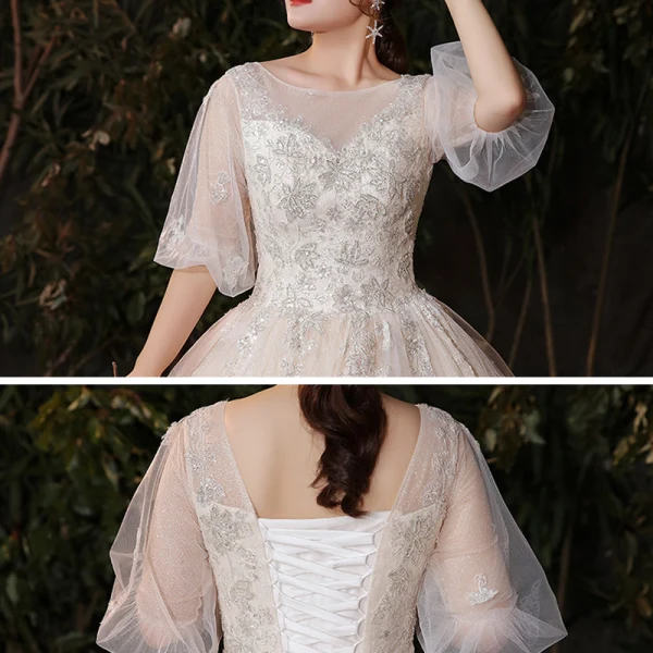Viktorianischer Stil Champagner Plus Größe Brautkleider / Hochzeitskleider 2020 Ballkleid Durchsichtige Rundhalsausschnitt Geschwollenes 1/2 Ärmel Rückenfreies Applikationen Spitze Perlenstickerei Glanz Tülle Kathedrale Schleppe Rüschen
