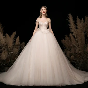 High End Champagne Bridal Wedding Dresses 2020 Ball Gown Off The Shoulder Short Sleeve Backless Appliques Lace Beading Glitter Tulle Cathedral Train Ruffle