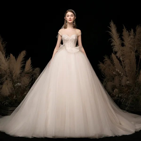 High-end Champagne Bridal Wedding Dresses 2020 Ball Gown Off-The-Shoulder Short Sleeve Backless Appliques Lace Beading Glitter Tulle Cathedral Train Ruffle