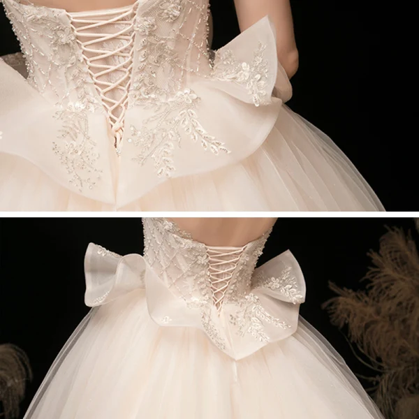 High-end Champagne Brud Bröllopsklänningar 2020 Balklänning Av Axeln Korta ärm Halterneck Appliqués Spets Beading Glittriga / Glitter Tyll Cathedral Train Ruffle