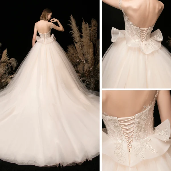 High-end Champagne Brud Bröllopsklänningar 2020 Balklänning Av Axeln Korta ärm Halterneck Appliqués Spets Beading Glittriga / Glitter Tyll Cathedral Train Ruffle