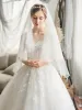 High-end Ivory See-through Bridal Wedding Dresses 2020 A-Line / Princess Square Neckline 3/4 Sleeve Backless Pierced Appliques Lace Court Train Ruffle