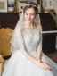 High End Ivory / Creme Durchsichtige Hochzeits Brautkleider / Hochzeitskleider 2020 A Linie Eckiger Ausschnitt 3/4 Ärmel Rückenfreies Durchbohrt Applikationen Spitze Hof-Schleppe Rüschen