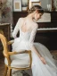High End Ivory / Creme Durchsichtige Hochzeits Brautkleider / Hochzeitskleider 2020 A Linie Eckiger Ausschnitt 3/4 Ärmel Rückenfreies Durchbohrt Applikationen Spitze Hof-Schleppe Rüschen