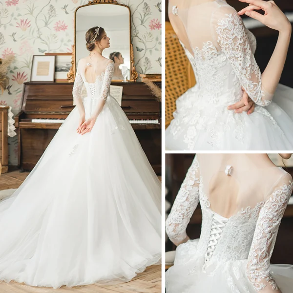 High End Ivory / Creme Durchsichtige Hochzeits Brautkleider / Hochzeitskleider 2020 A Linie Eckiger Ausschnitt 3/4 Ärmel Rückenfreies Durchbohrt Applikationen Spitze Hof-Schleppe Rüschen