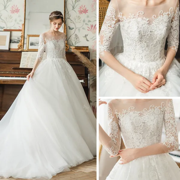 High-end Ivory See-through Bridal Wedding Dresses 2020 A-Line / Princess Square Neckline 3/4 Sleeve Backless Pierced Appliques Lace Court Train Ruffle