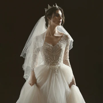 Luxe Champagne Transparentes La Mariée Robe De Mariée 2020 Robe Boule V Cou 3 4 Manches Dos Nu Fait Main Perlage Glitter Tulle Chapel Train Volants