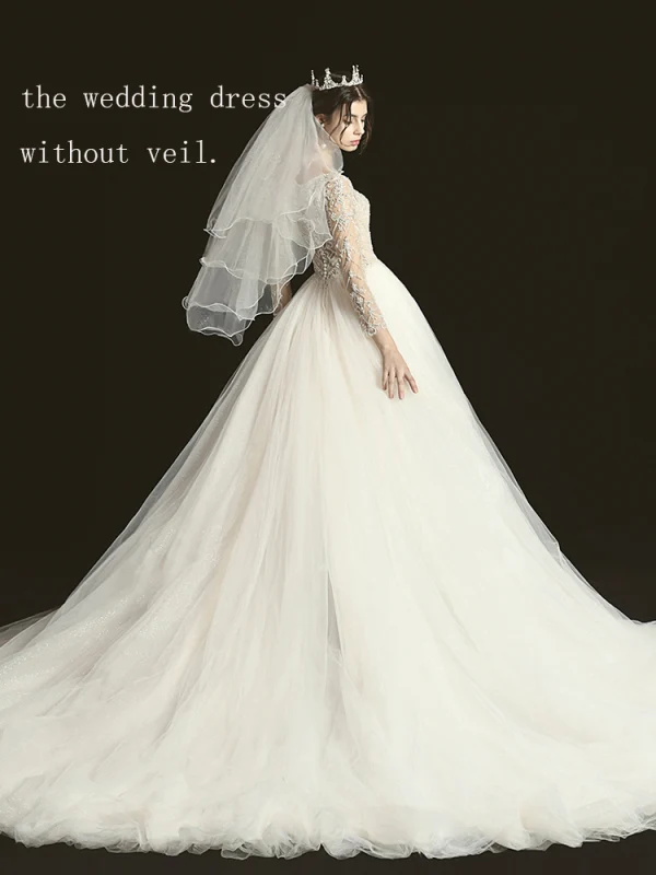 Luxury / Gorgeous Champagne See-through Bridal Wedding Dresses 2020 Ball Gown V-Neck 3/4 Sleeve Backless Handmade  Beading Glitter Tulle Chapel Train Ruffle