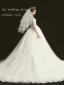 Luxury / Gorgeous Champagne See-through Bridal Wedding Dresses 2020 Ball Gown V-Neck 3/4 Sleeve Backless Handmade  Beading Glitter Tulle Chapel Train Ruffle