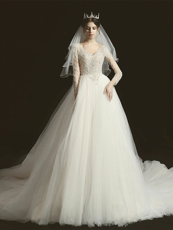 Luxury / Gorgeous Champagne See-through Bridal Wedding Dresses 2020 Ball Gown V-Neck 3/4 Sleeve Backless Handmade  Beading Glitter Tulle Chapel Train Ruffle