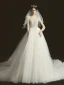Luxury / Gorgeous Champagne See-through Bridal Wedding Dresses 2020 Ball Gown V-Neck 3/4 Sleeve Backless Handmade  Beading Glitter Tulle Chapel Train Ruffle