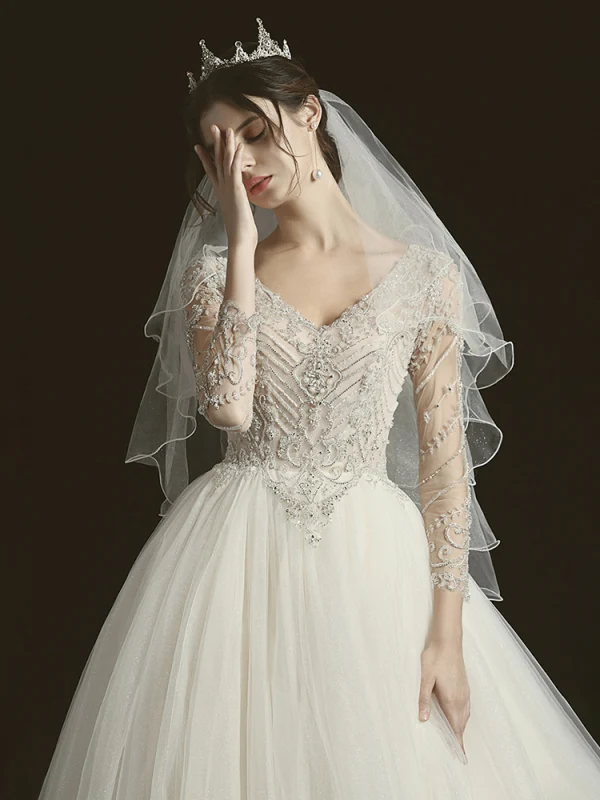 Luxury / Gorgeous Champagne See-through Bridal Wedding Dresses 2020 Ball Gown V-Neck 3/4 Sleeve Backless Handmade  Beading Glitter Tulle Chapel Train Ruffle