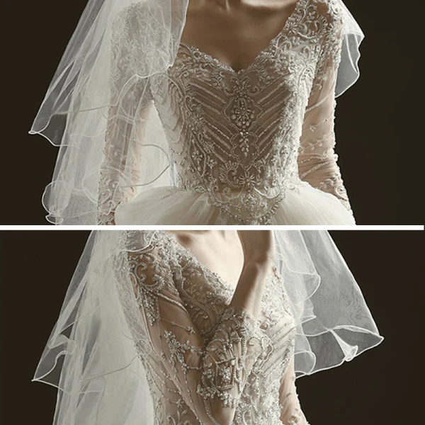 Luxury / Gorgeous Champagne See-through Bridal Wedding Dresses 2020 Ball Gown V-Neck 3/4 Sleeve Backless Handmade  Beading Glitter Tulle Chapel Train Ruffle