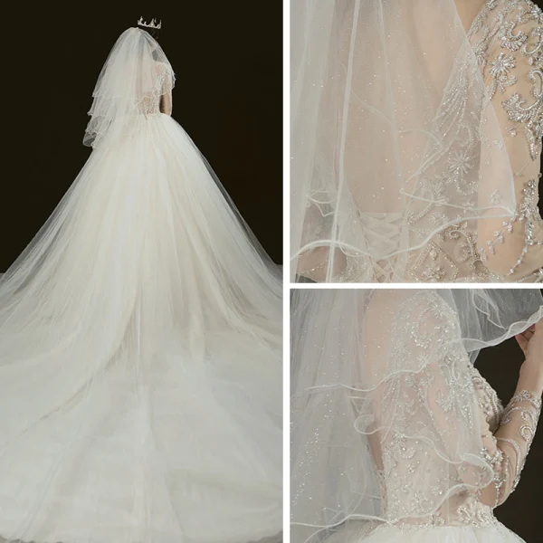 Luxury / Gorgeous Champagne See-through Bridal Wedding Dresses 2020 Ball Gown V-Neck 3/4 Sleeve Backless Handmade  Beading Glitter Tulle Chapel Train Ruffle