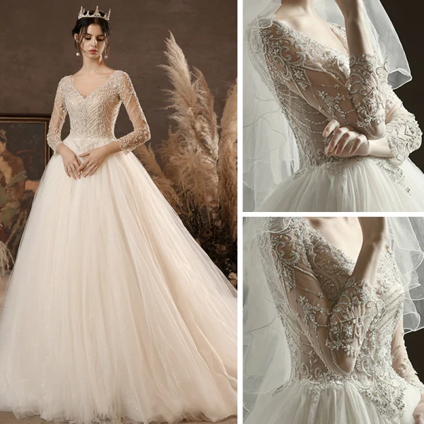 Luxury / Gorgeous Champagne See-through Bridal Wedding Dresses 2020 Ball Gown V-Neck 3/4 Sleeve Backless Handmade  Beading Glitter Tulle Chapel Train Ruffle