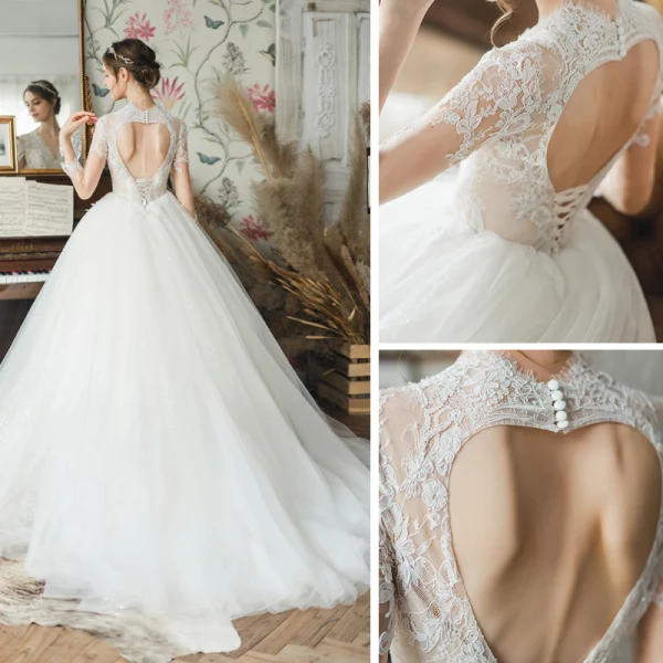High-end Ivory Bridal Wedding Dresses 2020 Ball Gown V-Neck 3/4 Sleeve Backless Pierced Appliques Lace Sequins Tulle Court Train