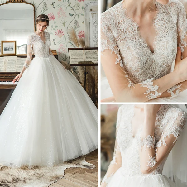 High-end Ivory Bridal Wedding Dresses 2020 Ball Gown V-Neck 3/4 Sleeve Backless Pierced Appliques Lace Sequins Tulle Court Train