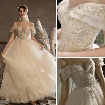 Luxe Champagne La Mariée Robe De Mariée 2020 Robe Boule De L 039 Épaule Manches Courtes Dos Nu Perlage Paillettes Glitter Tulle Longue Volants