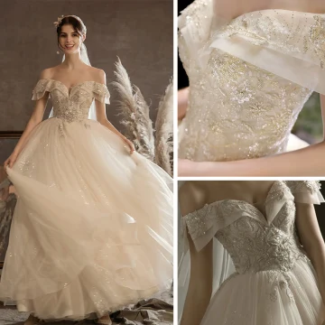 Luxe Champagne La Mariée Robe De Mariée 2020 Robe Boule De L 039 Épaule Manches Courtes Dos Nu Perlage Paillettes Glitter Tulle Longue Volants