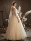 Luxury / Gorgeous Champagne Bridal Wedding Dresses 2020 Ball Gown Off-The-Shoulder Short Sleeve Backless Beading Sequins Glitter Tulle Floor-Length / Long Ruffle