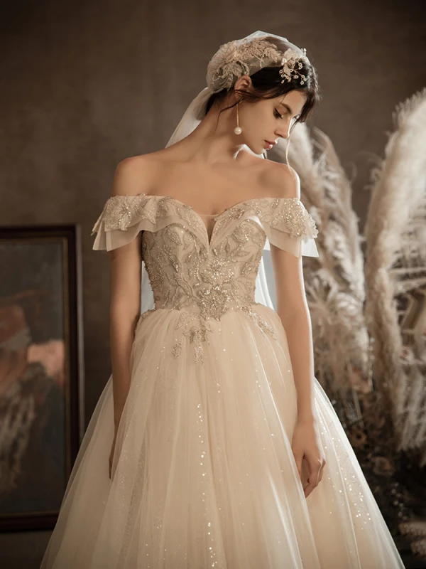 Luxury / Gorgeous Champagne Bridal Wedding Dresses 2020 Ball Gown Off-The-Shoulder Short Sleeve Backless Beading Sequins Glitter Tulle Floor-Length / Long Ruffle