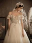 Luxury / Gorgeous Champagne Bridal Wedding Dresses 2020 Ball Gown Off-The-Shoulder Short Sleeve Backless Beading Sequins Glitter Tulle Floor-Length / Long Ruffle
