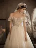 Luxury / Gorgeous Champagne Bridal Wedding Dresses 2020 Ball Gown Off-The-Shoulder Short Sleeve Backless Beading Sequins Glitter Tulle Floor-Length / Long Ruffle