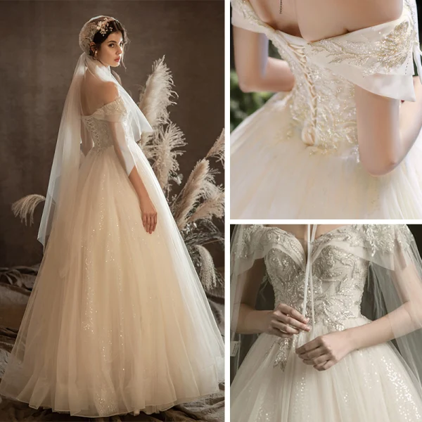 Luxury / Gorgeous Champagne Bridal Wedding Dresses 2020 Ball Gown Off-The-Shoulder Short Sleeve Backless Beading Sequins Glitter Tulle Floor-Length / Long Ruffle