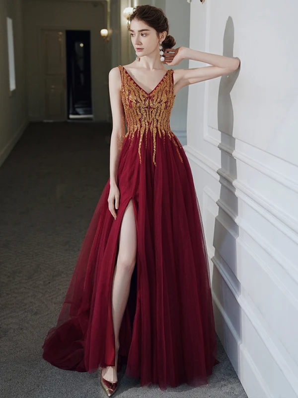 Haut de Gamme Rouge Robe De Bal 2020 Princesse V-Cou Sans Manches Perlage Paillettes Fendue devant Longue Volants Dos Nu Robe De Ceremonie