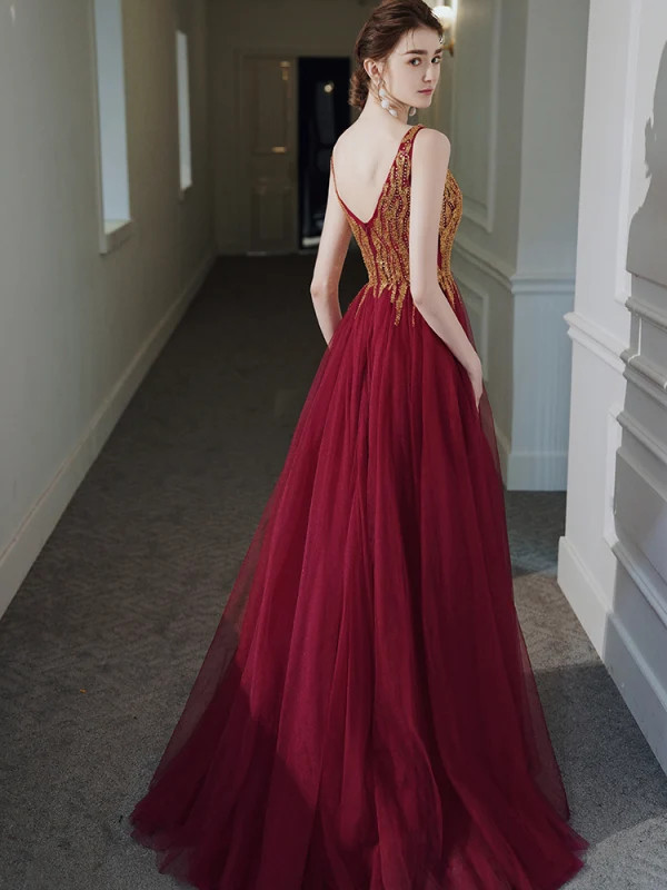 Haut de Gamme Rouge Robe De Bal 2020 Princesse V-Cou Sans Manches Perlage Paillettes Fendue devant Longue Volants Dos Nu Robe De Ceremonie
