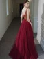 Haut de Gamme Rouge Robe De Bal 2020 Princesse V-Cou Sans Manches Perlage Paillettes Fendue devant Longue Volants Dos Nu Robe De Ceremonie