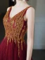 Haut de Gamme Rouge Robe De Bal 2020 Princesse V-Cou Sans Manches Perlage Paillettes Fendue devant Longue Volants Dos Nu Robe De Ceremonie