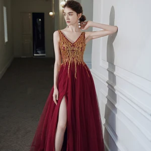 High End Red Prom Dresses 2020 A Line Princess V Neck Sleeveless Beading Sequins Split Front Floor Length Long Ruffle Backless Formal Dresses