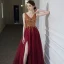 Haut de Gamme Rouge Robe De Bal 2020 Princesse V-Cou Sans Manches Perlage Paillettes Fendue devant Longue Volants Dos Nu Robe De Ceremonie