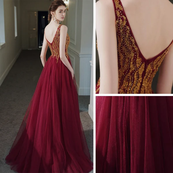 Haut de Gamme Rouge Robe De Bal 2020 Princesse V-Cou Sans Manches Perlage Paillettes Fendue devant Longue Volants Dos Nu Robe De Ceremonie