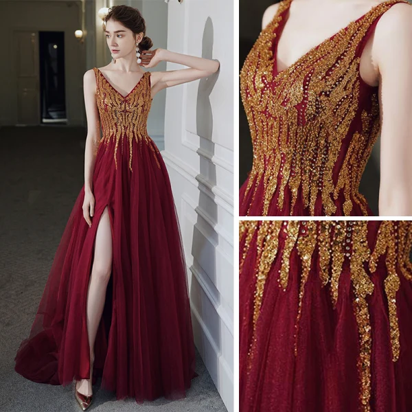 Haut de Gamme Rouge Robe De Bal 2020 Princesse V-Cou Sans Manches Perlage Paillettes Fendue devant Longue Volants Dos Nu Robe De Ceremonie