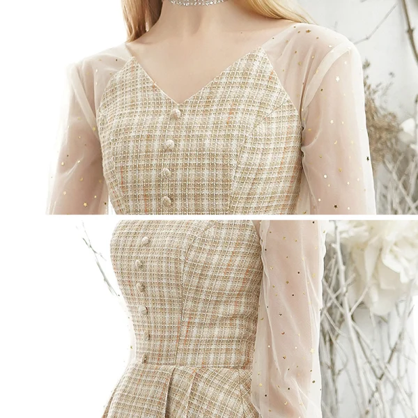 Elegant Gold See-through Homecoming Graduation Dresses 2020 A-Line / Princess V-Neck Puffy 3/4 Sleeve Short Ruffle Formal Dresses