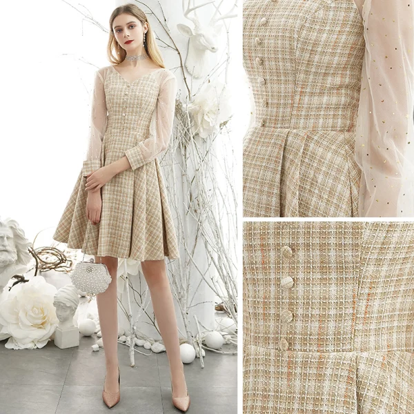 Elegant Gold See-through Homecoming Graduation Dresses 2020 A-Line / Princess V-Neck Puffy 3/4 Sleeve Short Ruffle Formal Dresses