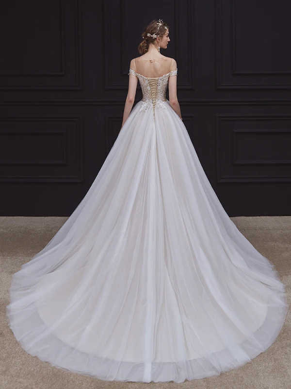 Illusion Champagne Bridal Wedding Dresses 2020 A-Line / Princess See-through Scoop Neck Sleeveless Backless Appliques Lace Beading Court Train Ruffle