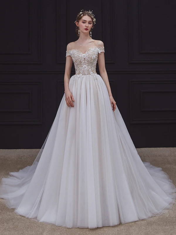 Illusion Champagne Bridal Wedding Dresses 2020 A-Line / Princess See-through Scoop Neck Sleeveless Backless Appliques Lace Beading Court Train Ruffle