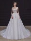Illusion Champagne Bridal Wedding Dresses 2020 A-Line / Princess See-through Scoop Neck Sleeveless Backless Appliques Lace Beading Court Train Ruffle