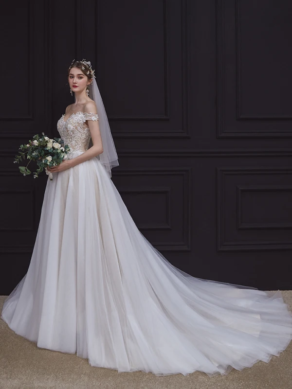 Illusion Champagne Bridal Wedding Dresses 2020 A-Line / Princess See-through Scoop Neck Sleeveless Backless Appliques Lace Beading Court Train Ruffle