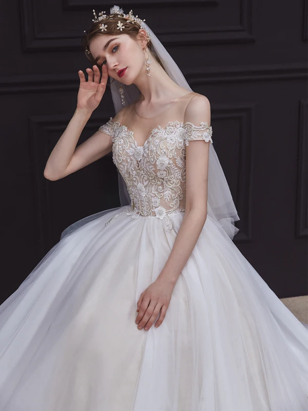 Illusion Champagne Bridal Wedding Dresses 2020 A-Line / Princess See-through Scoop Neck Sleeveless Backless Appliques Lace Beading Court Train Ruffle